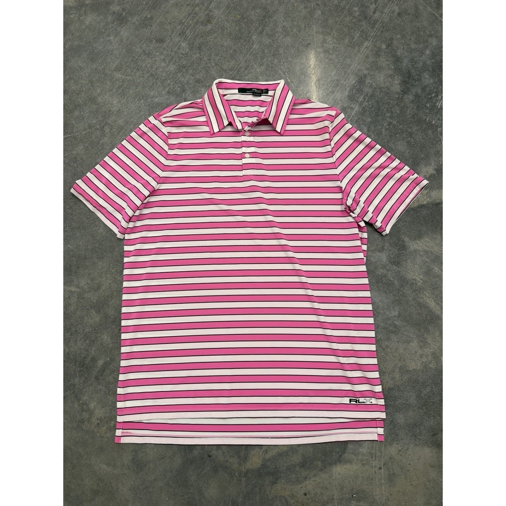 Ralph Lauren RLX Mens Sz Large L Performance Polo Pink White Stripe Golf Casual